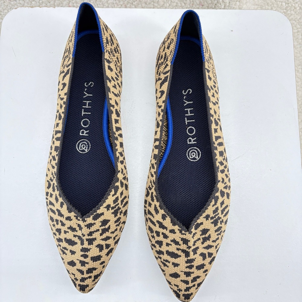 Rothys The Point Leopard Print Pointed Toe Knit Flats Womens 8.5 Tan Black